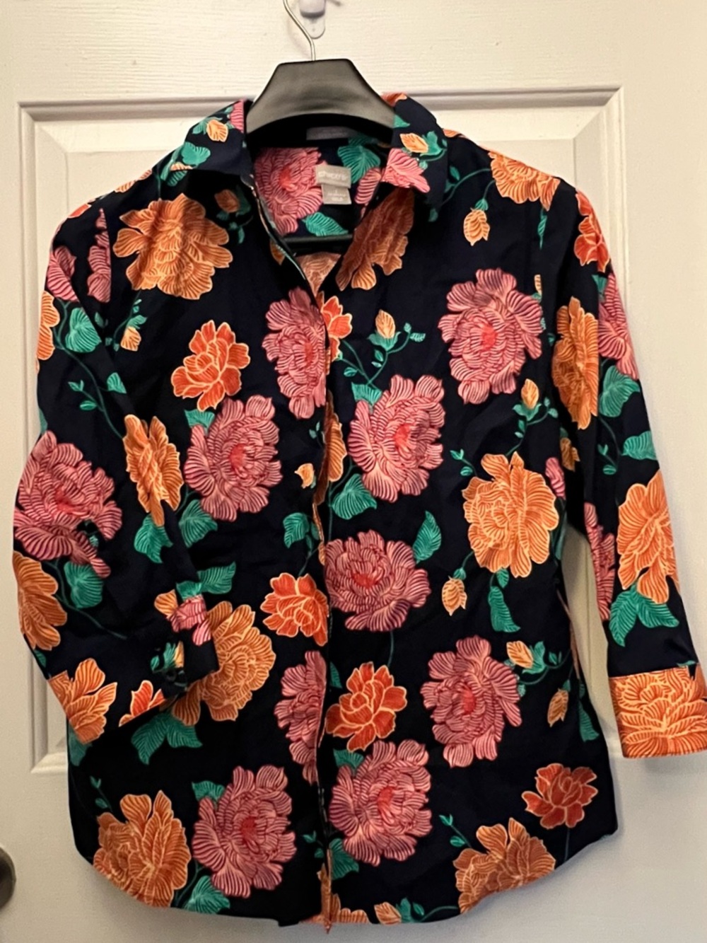 Chico's Navy Shirt with Pink Blooms and Green Leaves